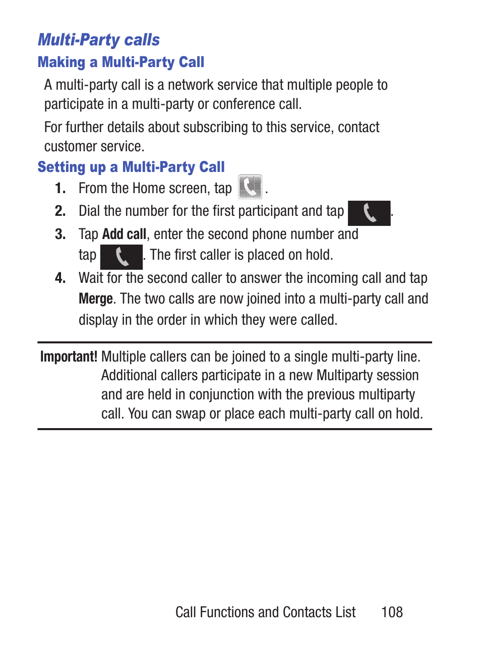 Multi-party calls | Samsung SCH-S960RWBTFN User Manual | Page 113 / 513