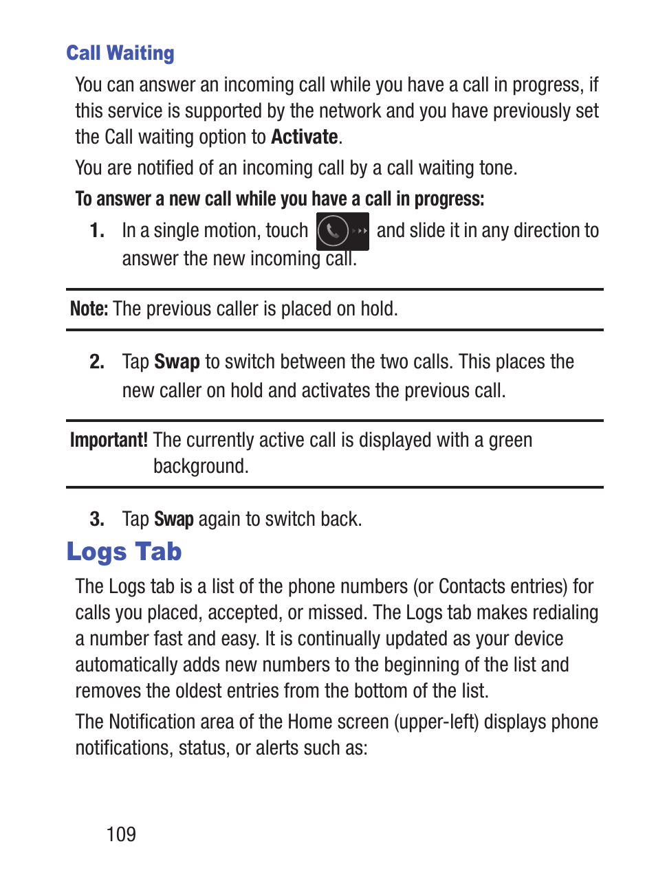 Logs tab | Samsung SCH-S960RWBTFN User Manual | Page 114 / 513