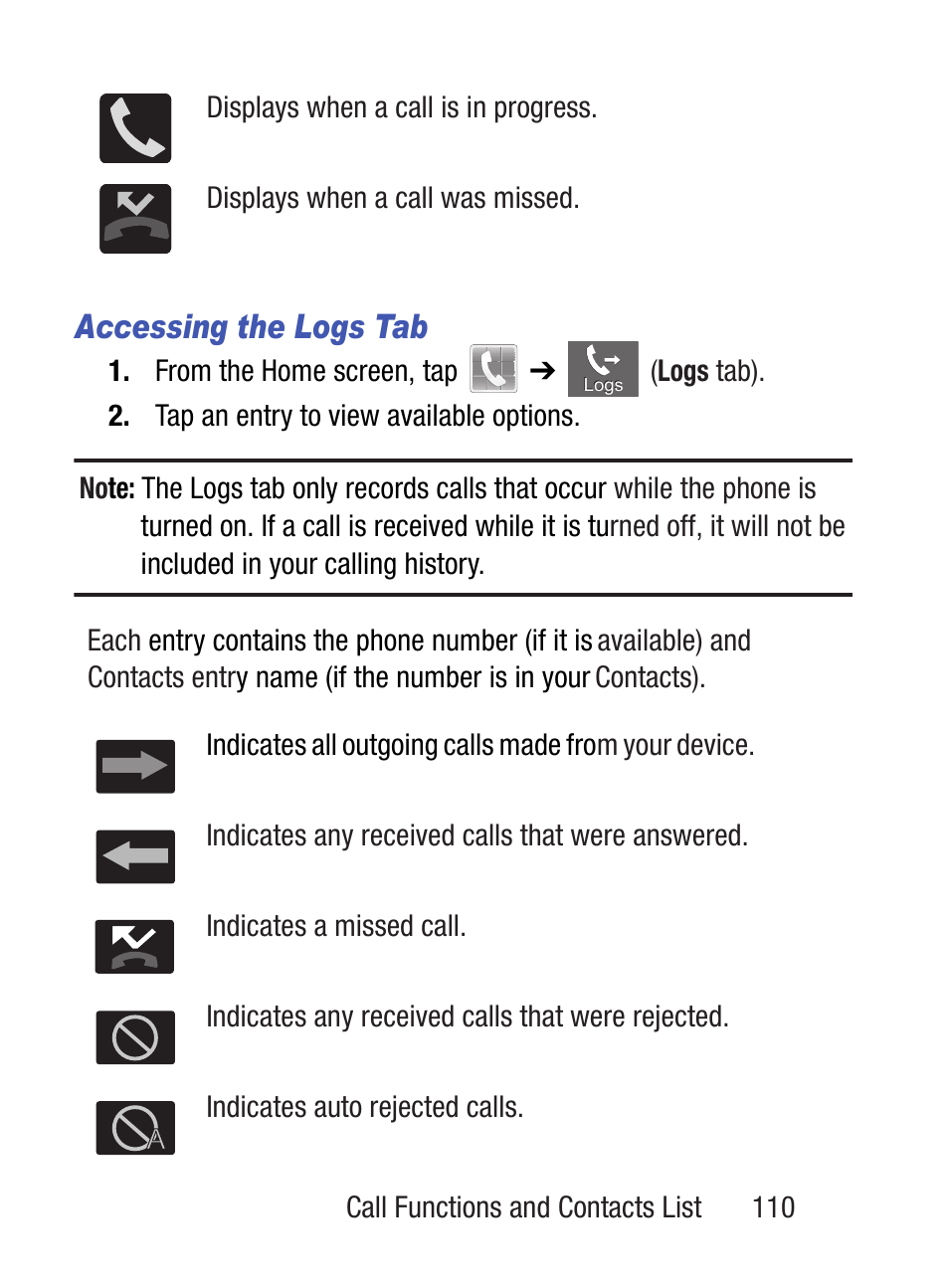 Accessing the logs tab | Samsung SCH-S960RWBTFN User Manual | Page 115 / 513