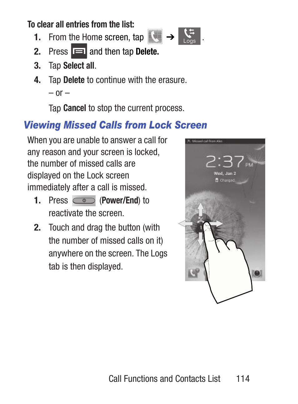 Viewing missed calls from lock screen | Samsung SCH-S960RWBTFN User Manual | Page 119 / 513