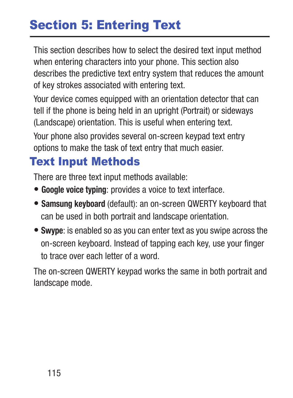 Section 5: entering text, Text input methods | Samsung SCH-S960RWBTFN User Manual | Page 120 / 513