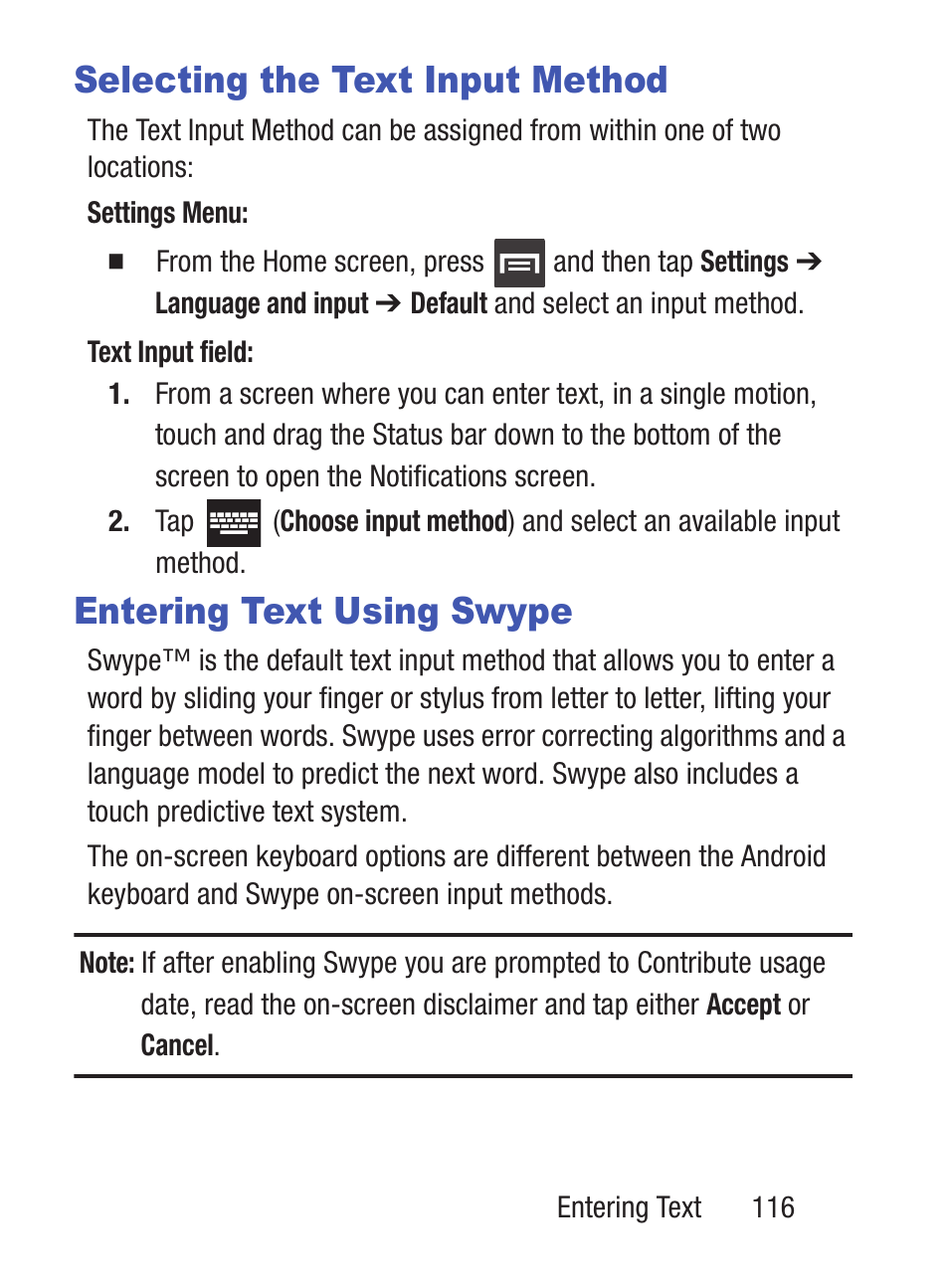 Selecting the text input method, Entering text using swype | Samsung SCH-S960RWBTFN User Manual | Page 121 / 513