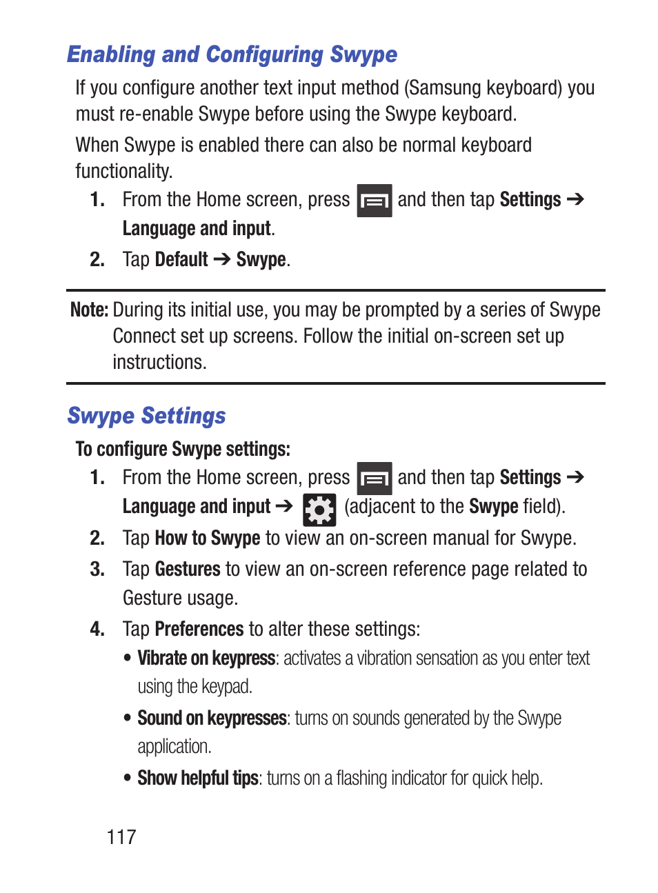 Enabling and configuring swype, Swype settings | Samsung SCH-S960RWBTFN User Manual | Page 122 / 513
