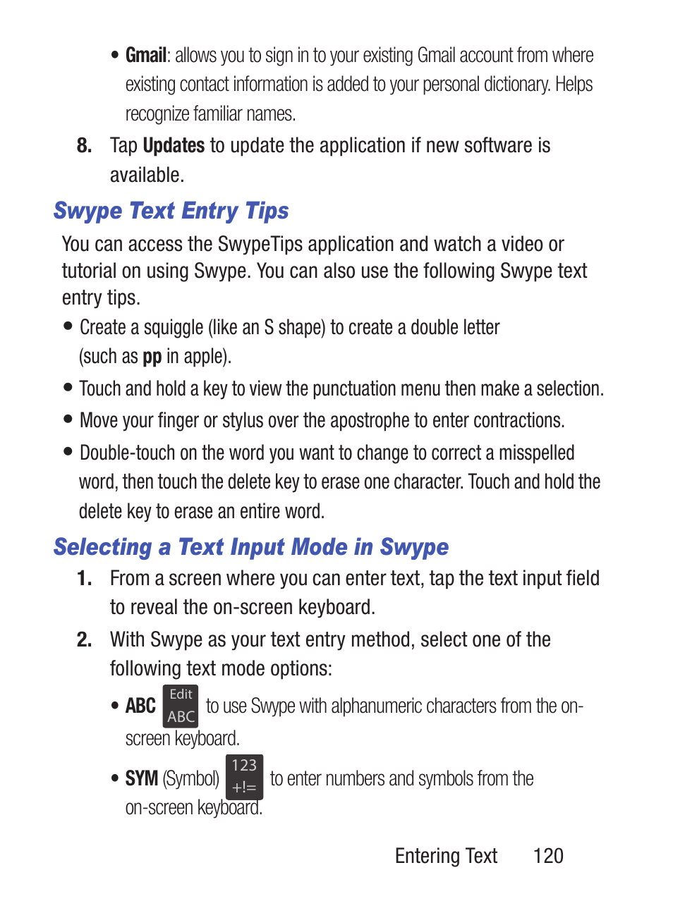 Swype text entry tips, Selecting a text input mode in swype | Samsung SCH-S960RWBTFN User Manual | Page 125 / 513