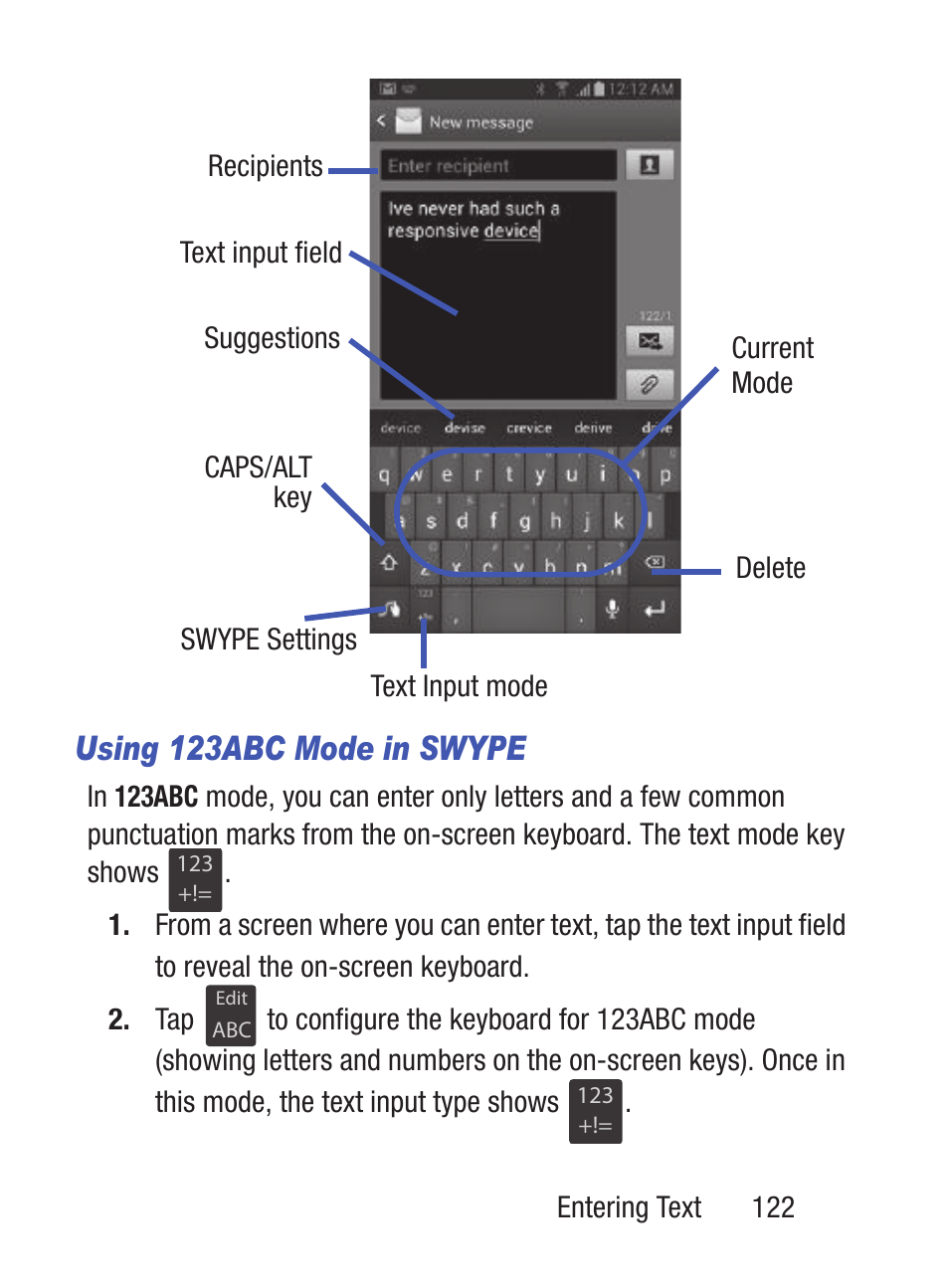 Using 123abc mode in swype | Samsung SCH-S960RWBTFN User Manual | Page 127 / 513