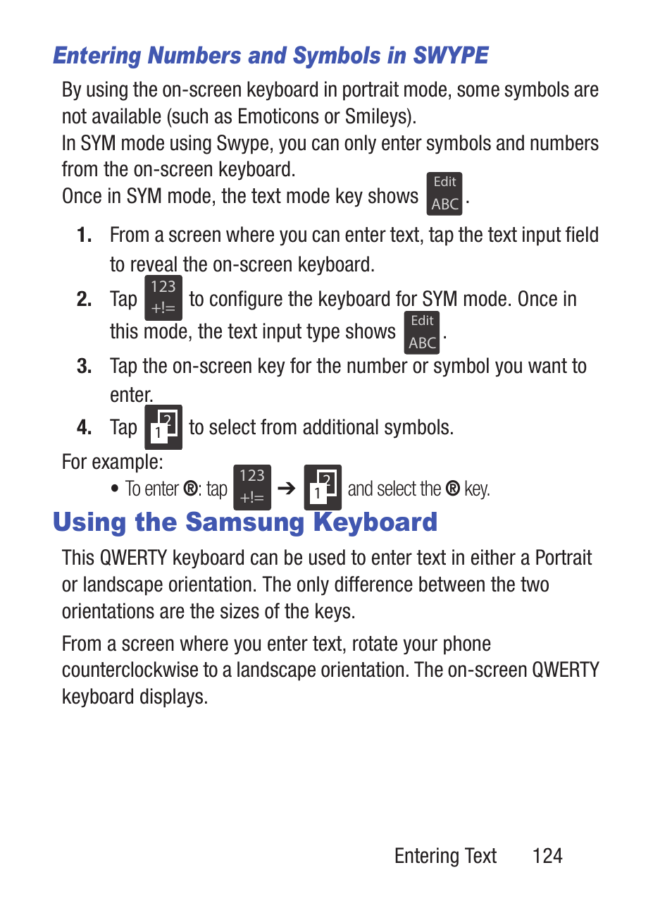 Using the samsung keyboard, Entering numbers and symbols in swype | Samsung SCH-S960RWBTFN User Manual | Page 129 / 513