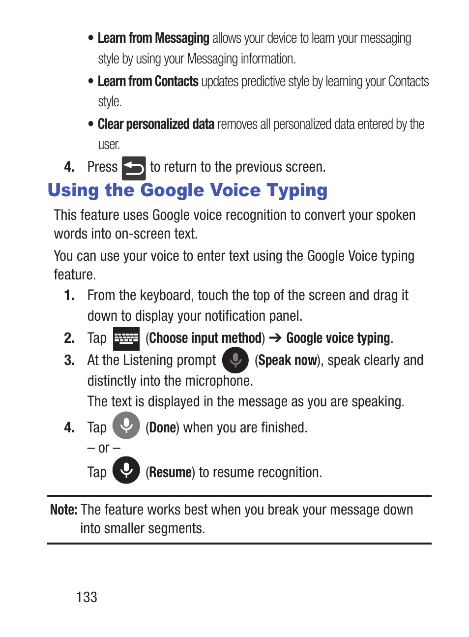 Using the google voice typing | Samsung SCH-S960RWBTFN User Manual | Page 138 / 513