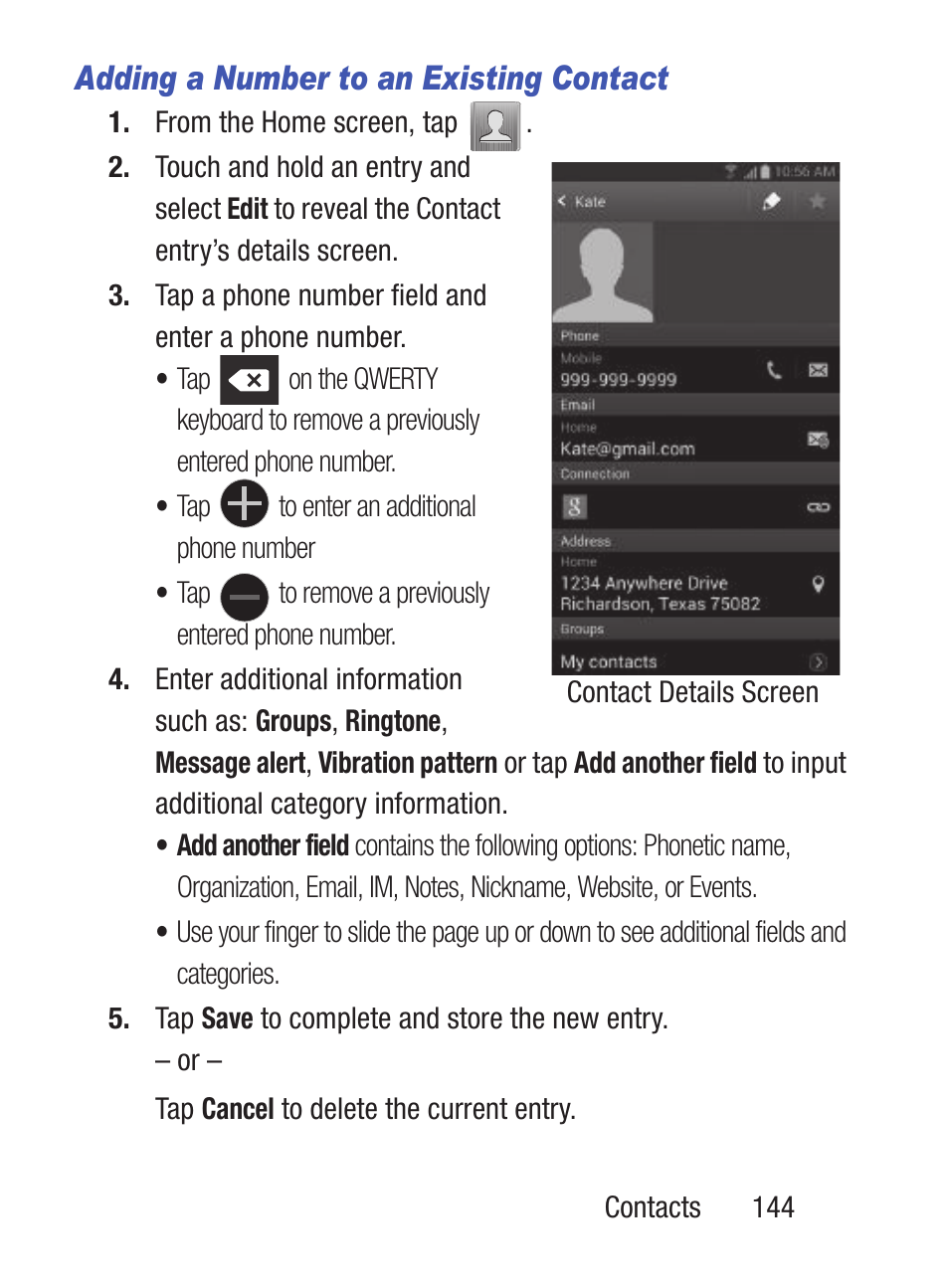 Adding a number to an existing contact | Samsung SCH-S960RWBTFN User Manual | Page 149 / 513