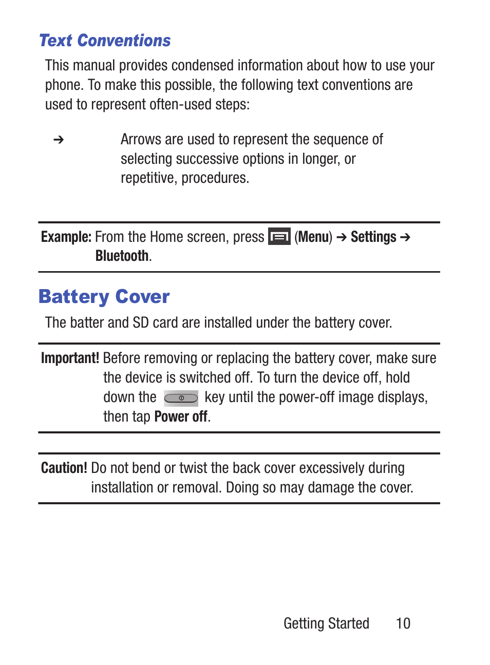 Battery cover, Text conventions | Samsung SCH-S960RWBTFN User Manual | Page 15 / 513