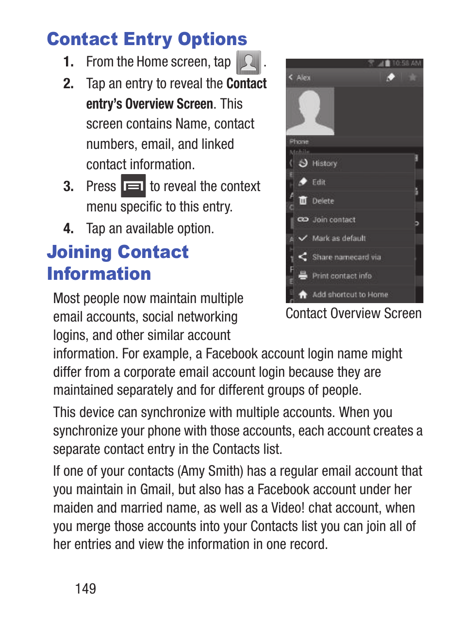 Contact entry options, Joining contact information | Samsung SCH-S960RWBTFN User Manual | Page 154 / 513