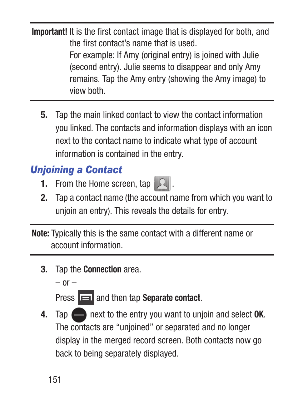 Unjoining a contact | Samsung SCH-S960RWBTFN User Manual | Page 156 / 513