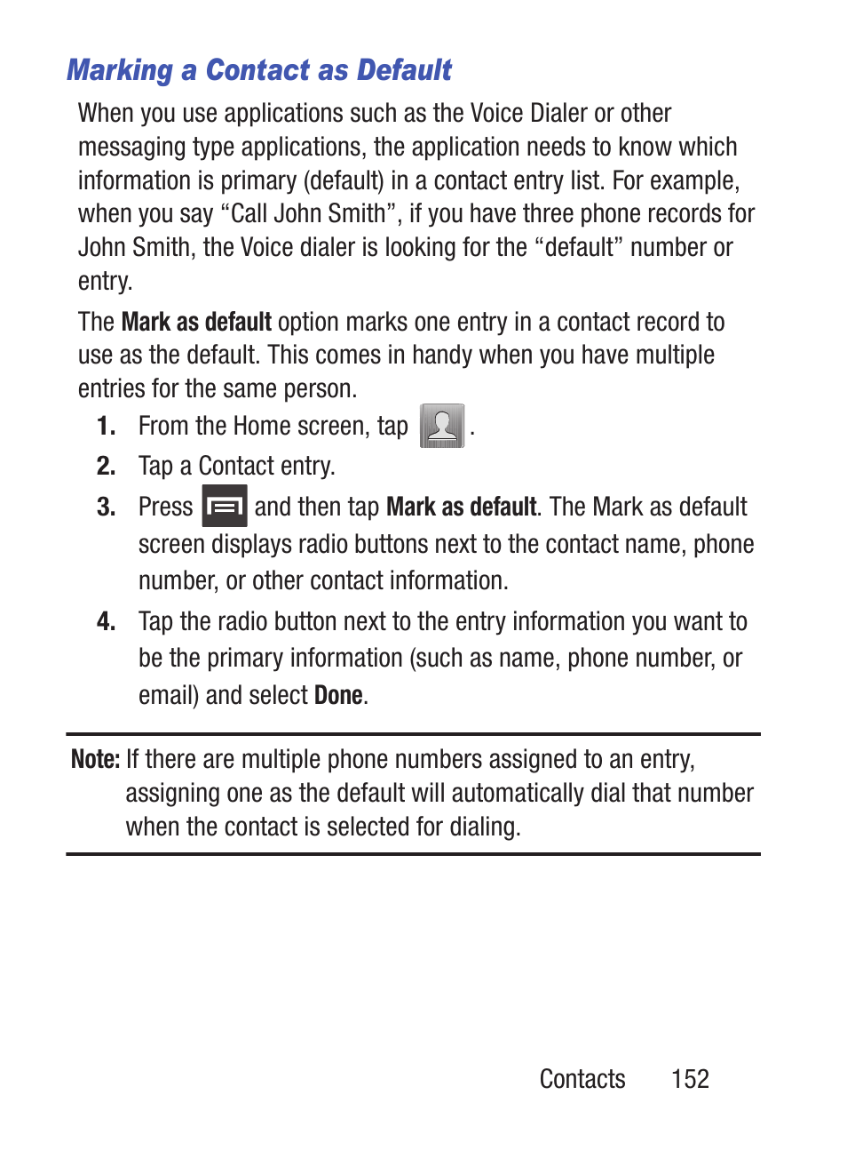 Marking a contact as default | Samsung SCH-S960RWBTFN User Manual | Page 157 / 513