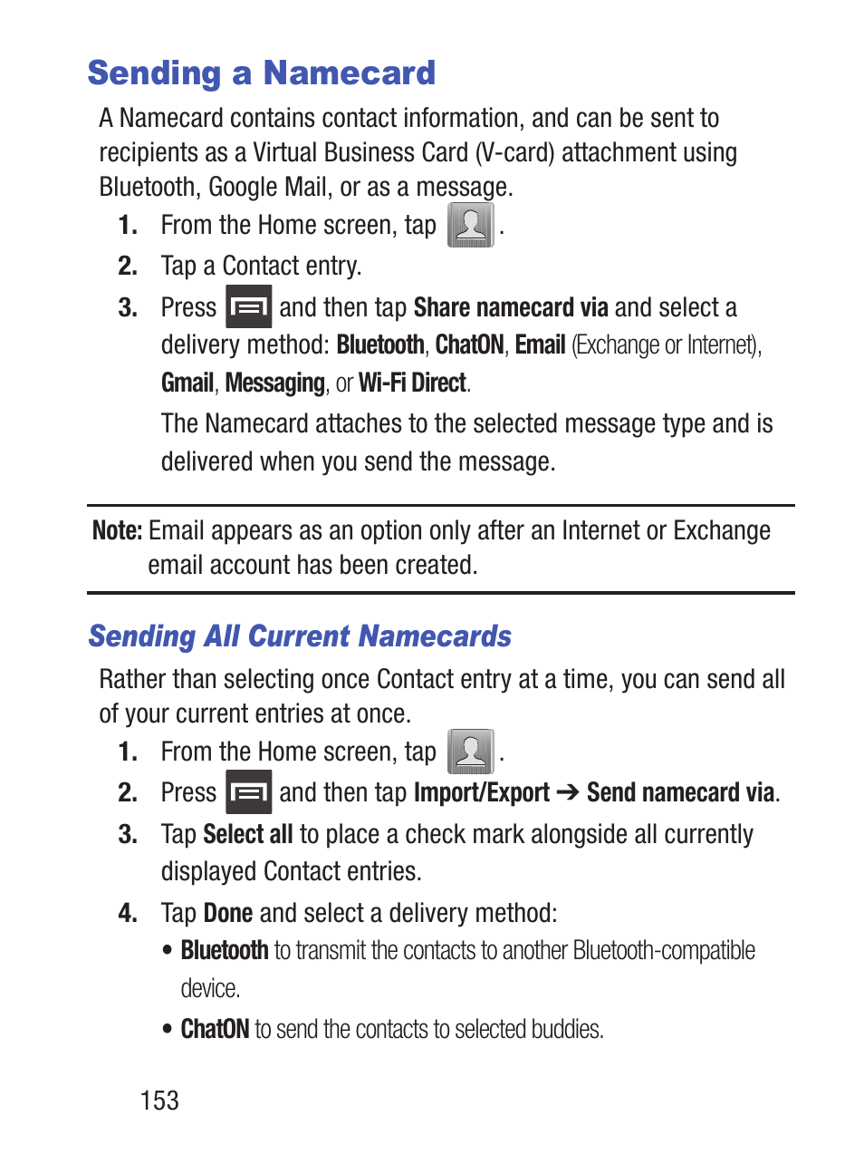 Sending a namecard, Sending all current namecards | Samsung SCH-S960RWBTFN User Manual | Page 158 / 513