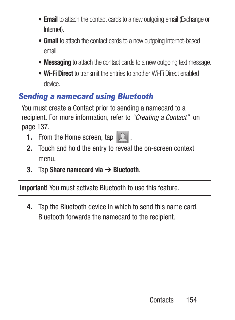 Sending a namecard using bluetooth | Samsung SCH-S960RWBTFN User Manual | Page 159 / 513