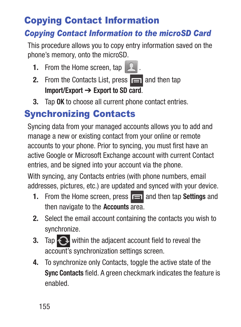 Copying contact information, Synchronizing contacts | Samsung SCH-S960RWBTFN User Manual | Page 160 / 513