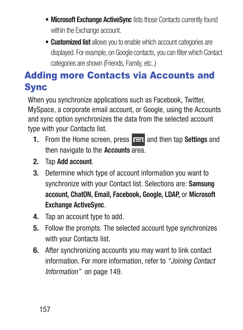 Adding more contacts via accounts and sync | Samsung SCH-S960RWBTFN User Manual | Page 162 / 513