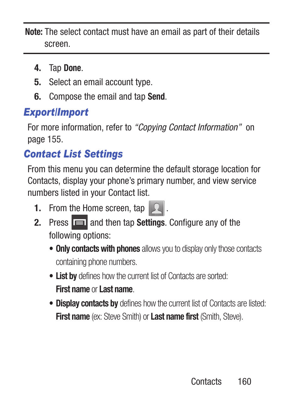 Export/import, Contact list settings | Samsung SCH-S960RWBTFN User Manual | Page 165 / 513