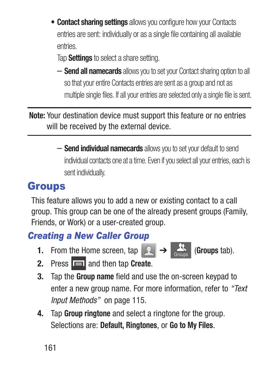 Groups, Creating a new caller group | Samsung SCH-S960RWBTFN User Manual | Page 166 / 513