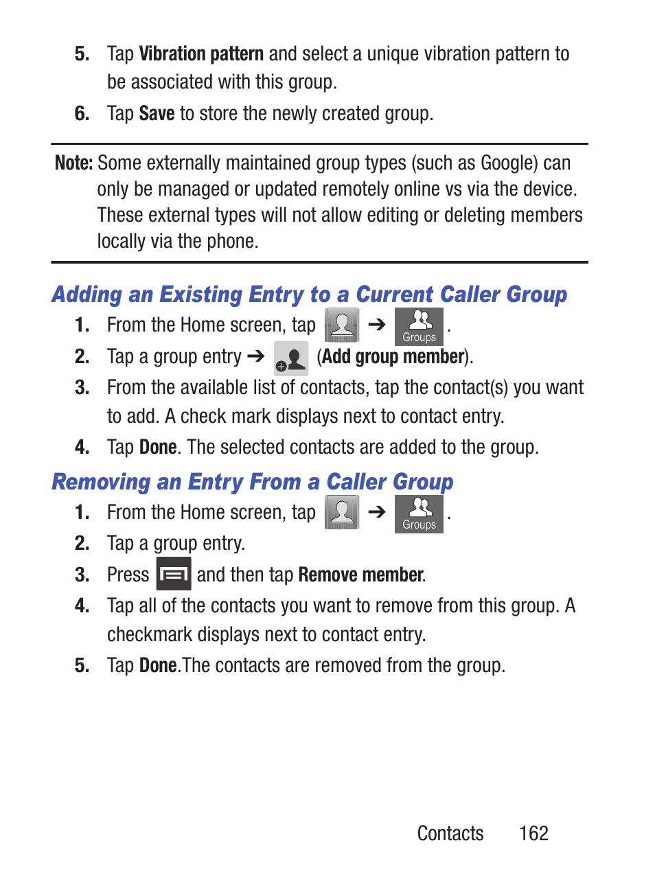 Adding an existing entry to a current caller group, Removing an entry from a caller group | Samsung SCH-S960RWBTFN User Manual | Page 167 / 513