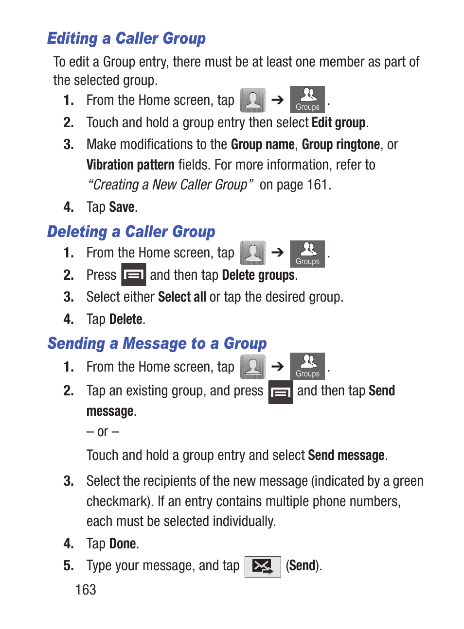 Editing a caller group, Deleting a caller group, Sending a message to a group | Samsung SCH-S960RWBTFN User Manual | Page 168 / 513