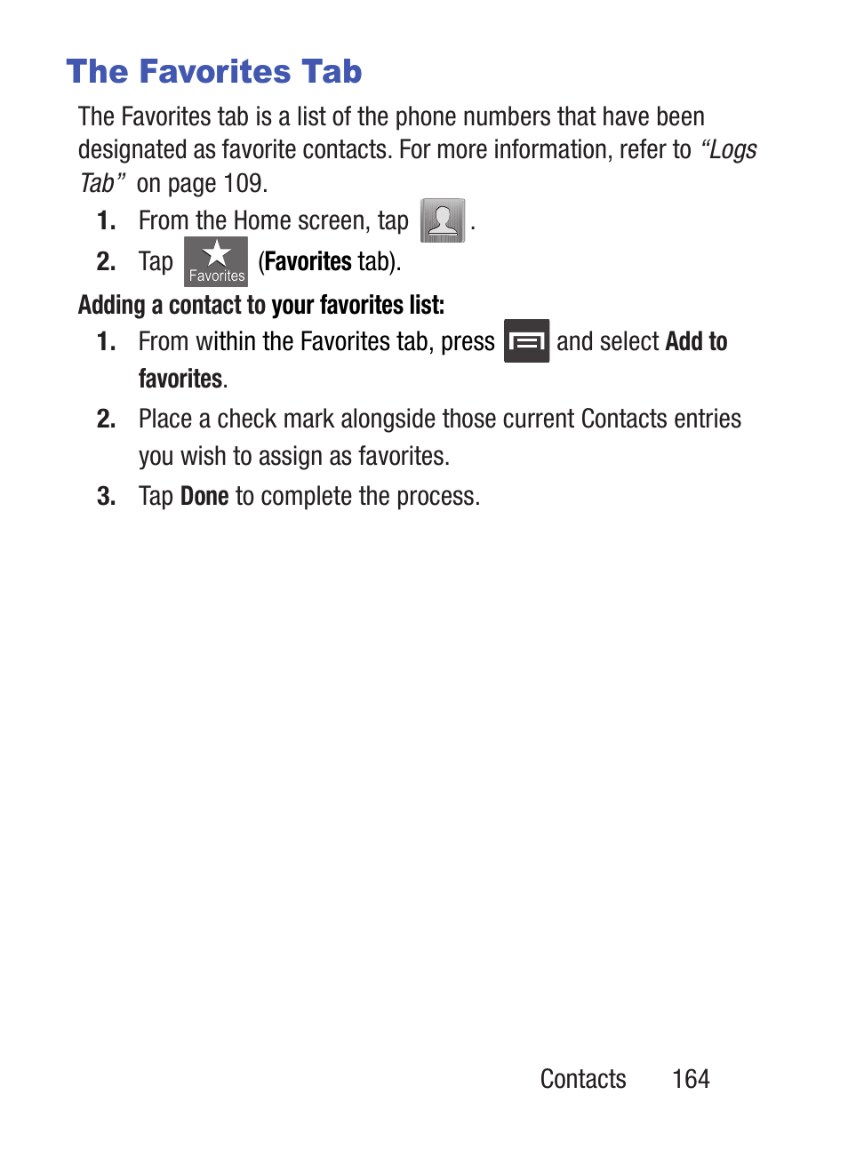 The favorites tab | Samsung SCH-S960RWBTFN User Manual | Page 169 / 513