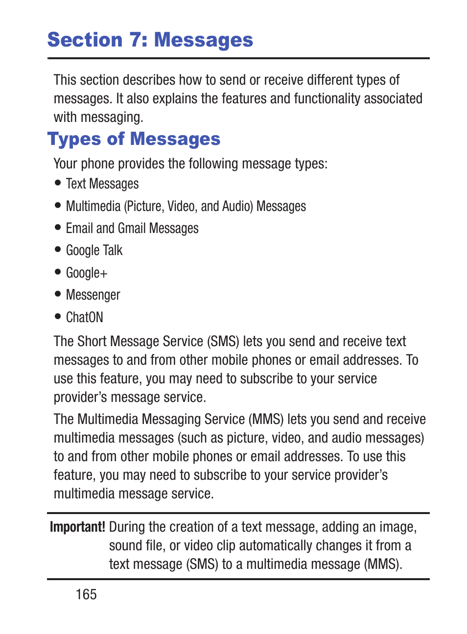 Section 7: messages, Types of messages | Samsung SCH-S960RWBTFN User Manual | Page 170 / 513