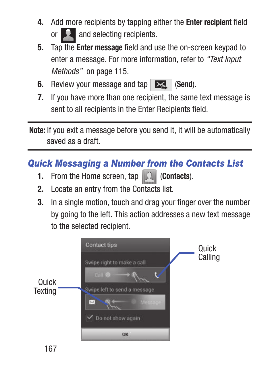 Quick messaging a number from the contacts list | Samsung SCH-S960RWBTFN User Manual | Page 172 / 513