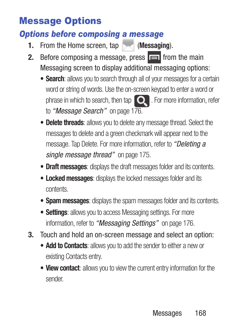 Message options, Options before composing a message | Samsung SCH-S960RWBTFN User Manual | Page 173 / 513