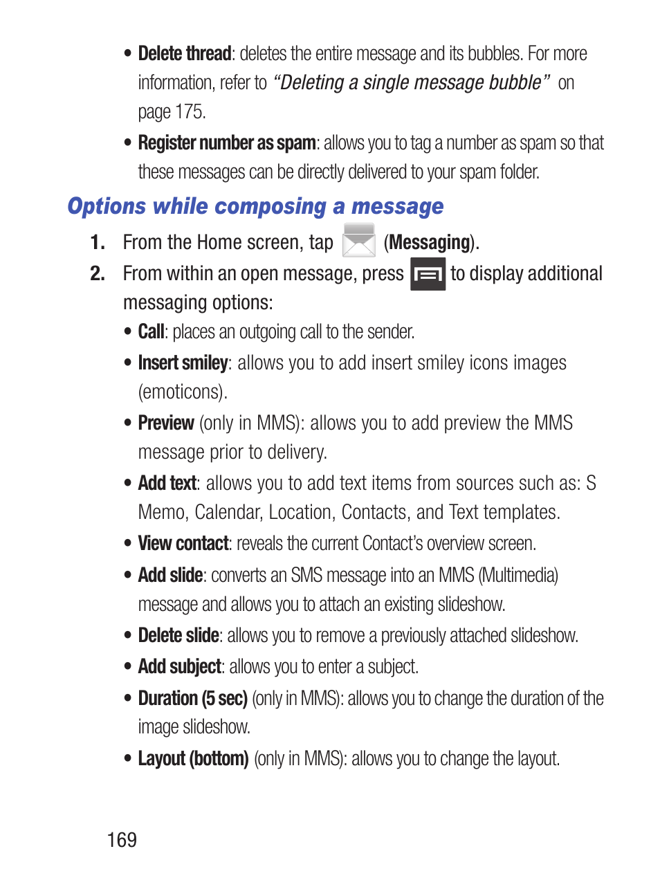 Options while composing a message | Samsung SCH-S960RWBTFN User Manual | Page 174 / 513