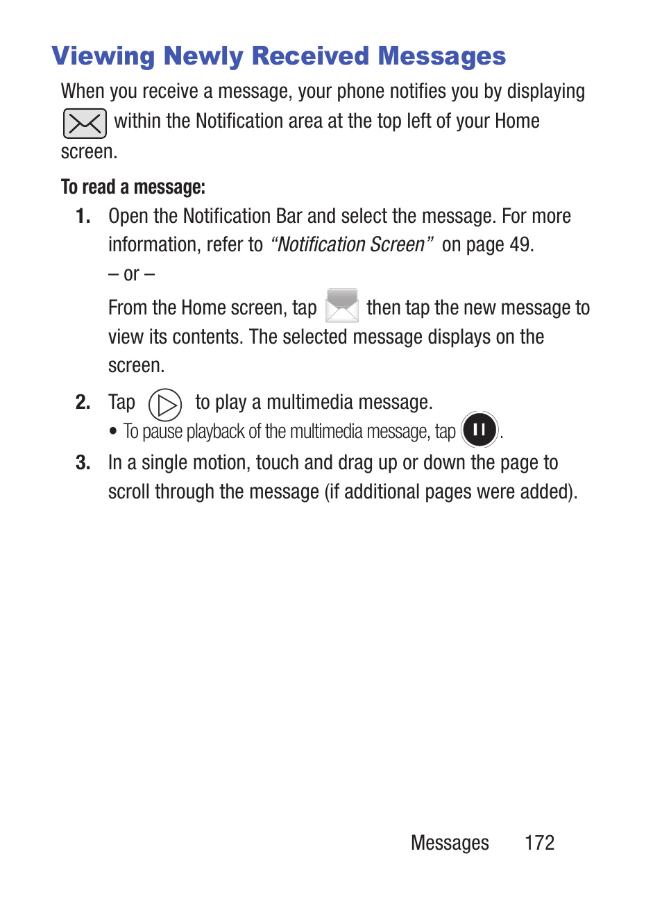 Viewing newly received messages | Samsung SCH-S960RWBTFN User Manual | Page 177 / 513