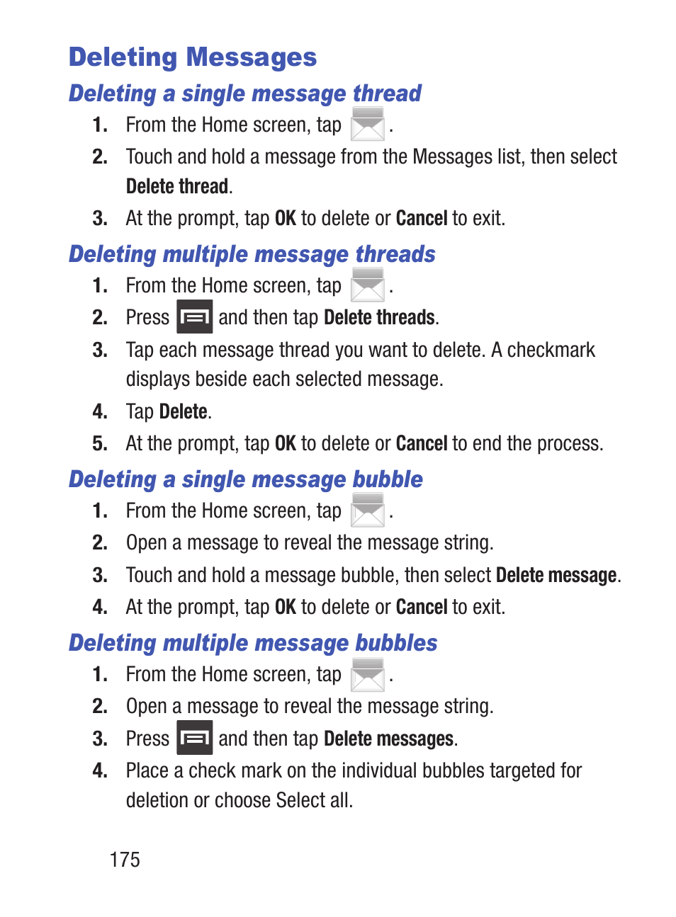 Deleting messages, For more information, refer to “deleting a | Samsung SCH-S960RWBTFN User Manual | Page 180 / 513