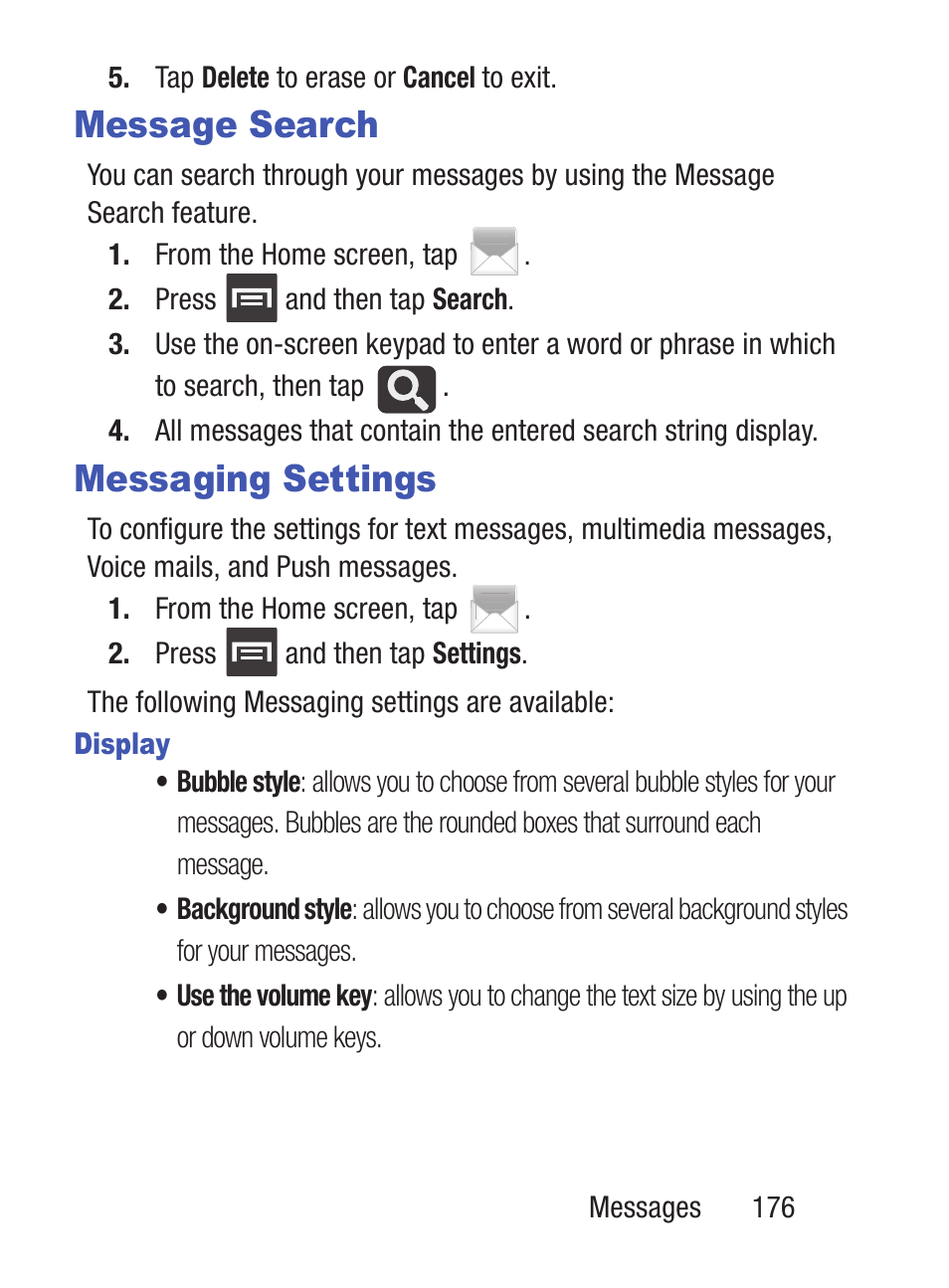 Message search, Messaging settings, For more information, refer | For more | Samsung SCH-S960RWBTFN User Manual | Page 181 / 513