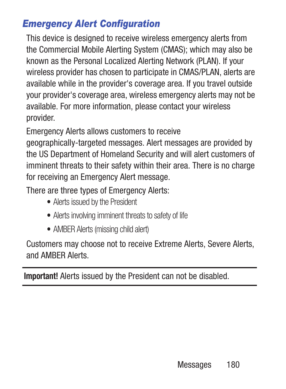 Emergency alert configuration | Samsung SCH-S960RWBTFN User Manual | Page 185 / 513