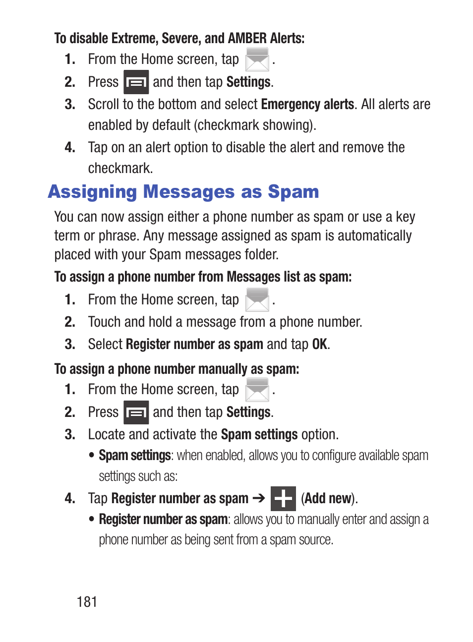 Assigning messages as spam | Samsung SCH-S960RWBTFN User Manual | Page 186 / 513