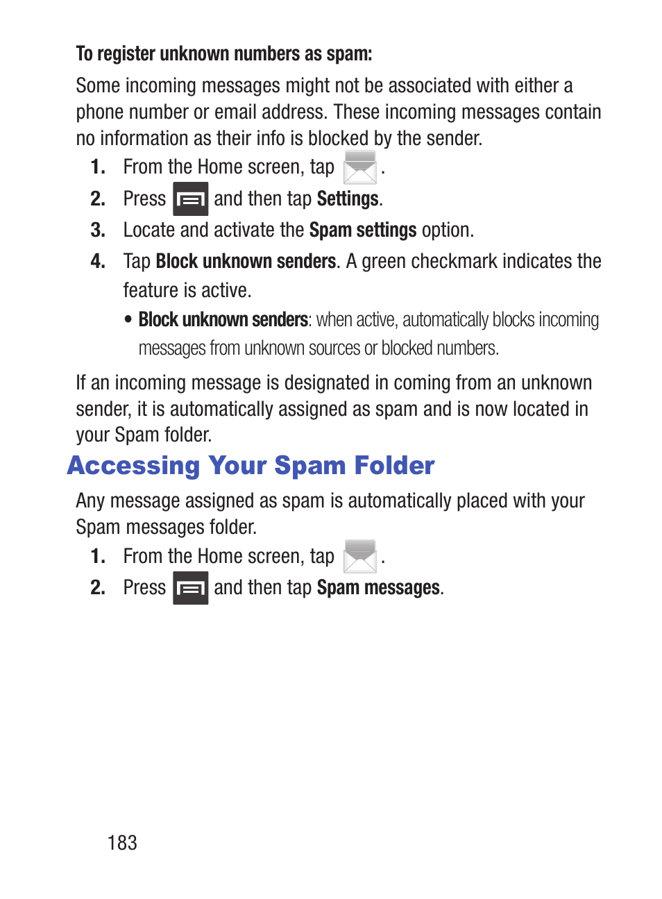 Accessing your spam folder | Samsung SCH-S960RWBTFN User Manual | Page 188 / 513