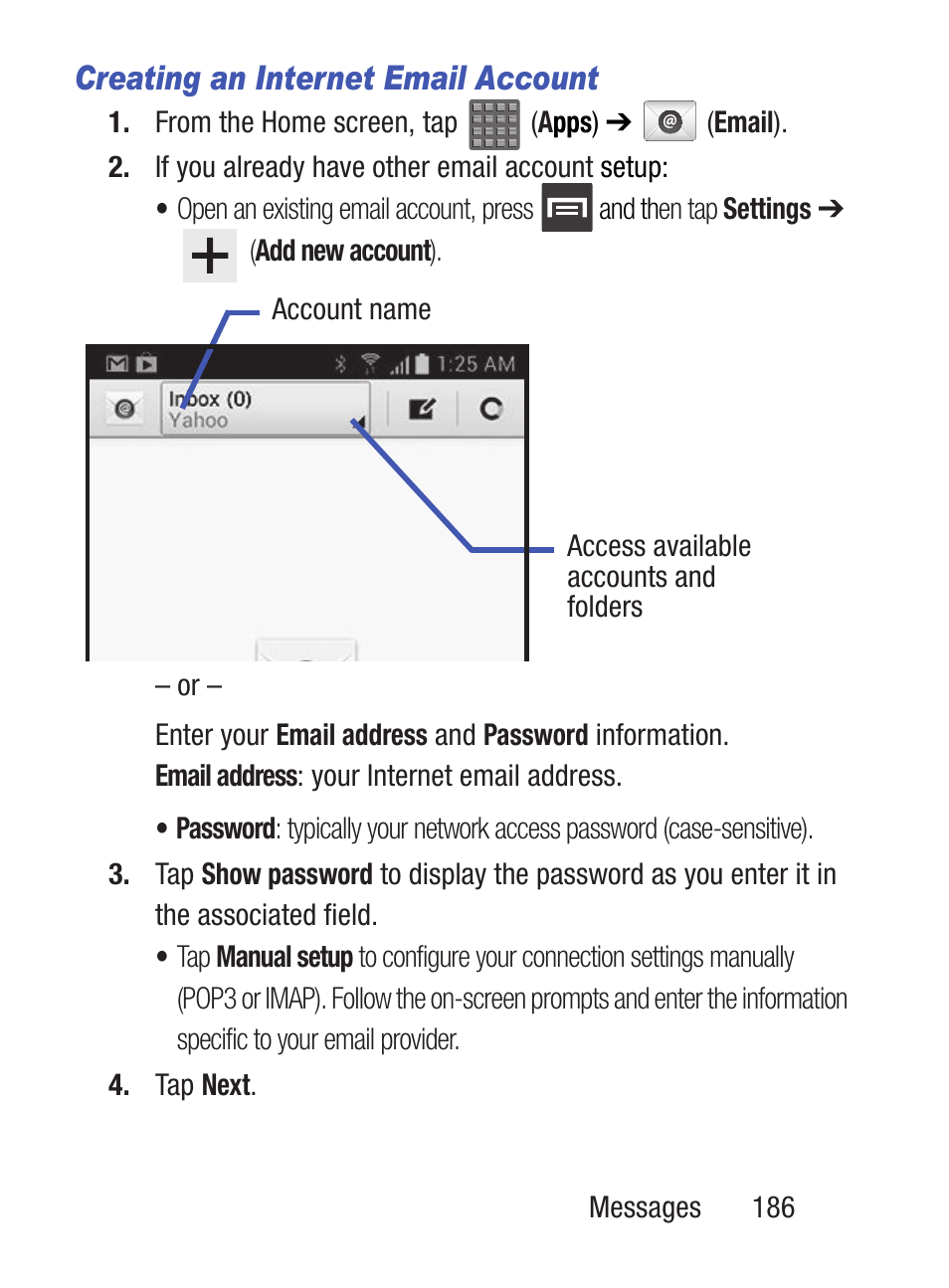 Creating an internet email account | Samsung SCH-S960RWBTFN User Manual | Page 191 / 513