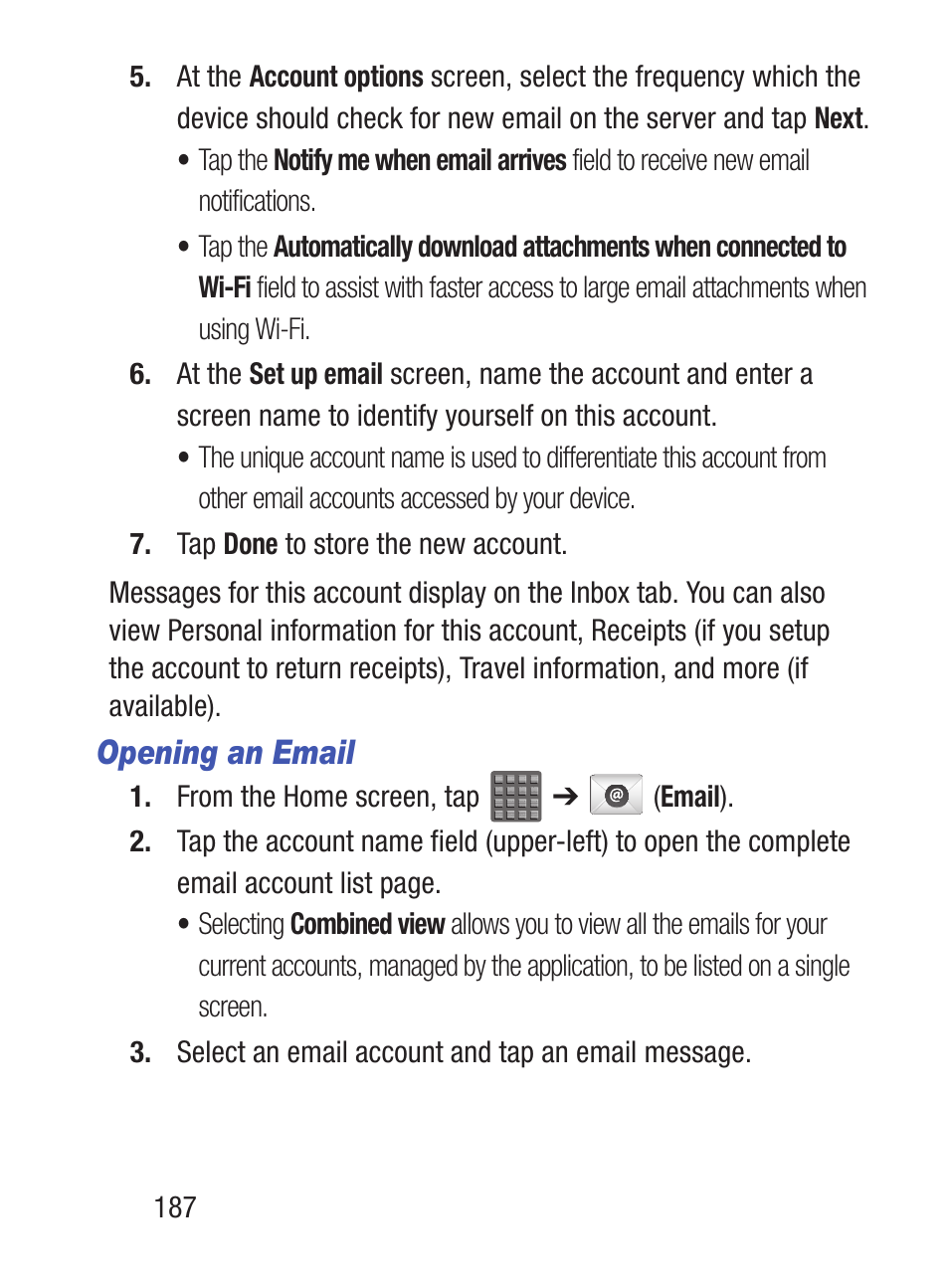 Opening an email | Samsung SCH-S960RWBTFN User Manual | Page 192 / 513