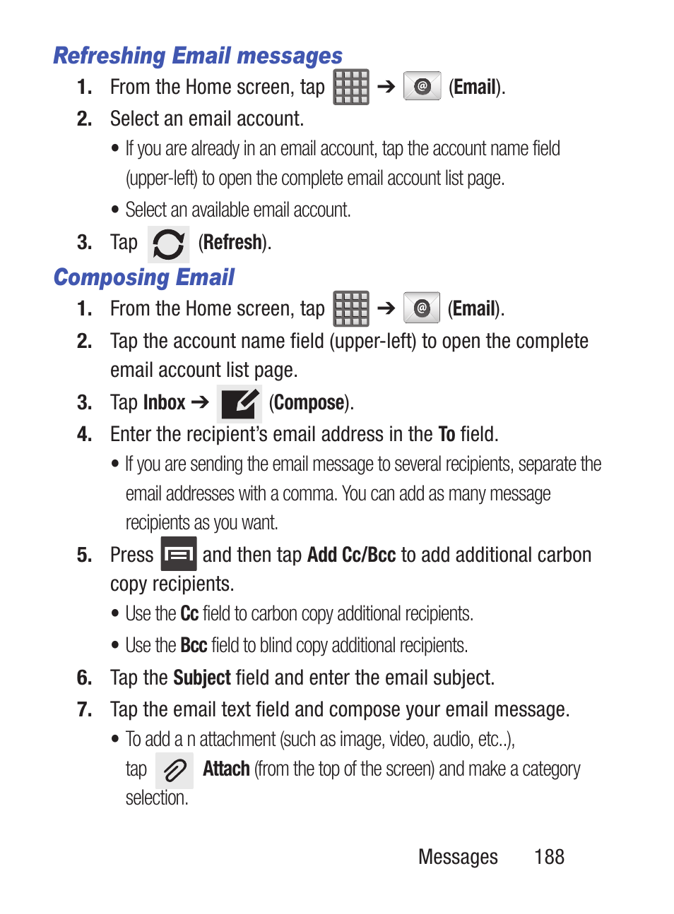 Refreshing email messages, Composing email | Samsung SCH-S960RWBTFN User Manual | Page 193 / 513