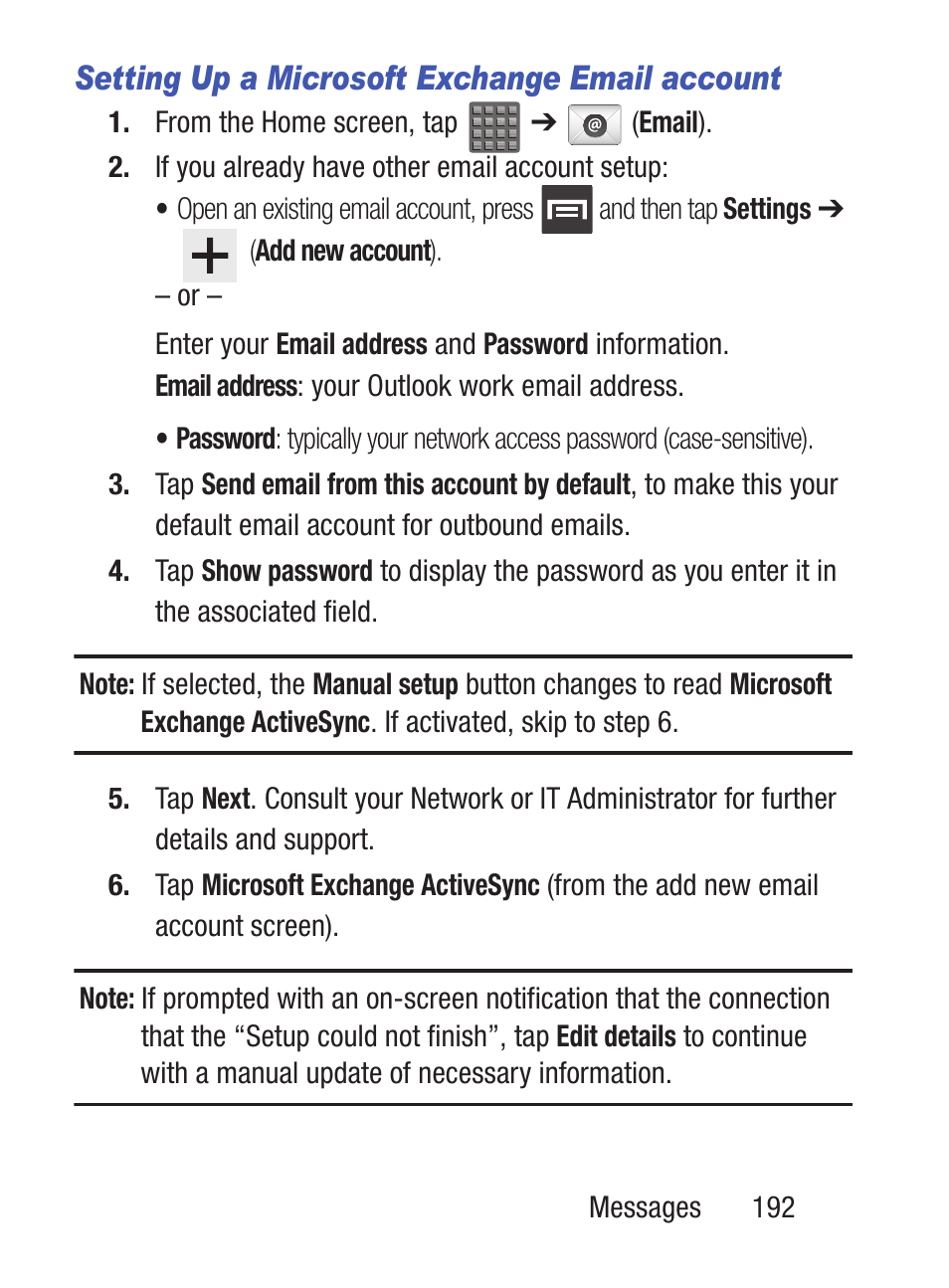 Setting up a microsoft exchange email account | Samsung SCH-S960RWBTFN User Manual | Page 197 / 513