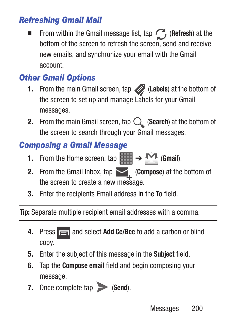 Refreshing gmail mail, Other gmail options, Composing a gmail message | Samsung SCH-S960RWBTFN User Manual | Page 205 / 513
