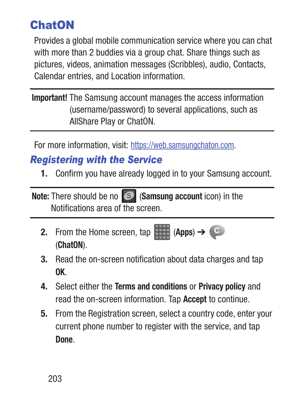 Chaton, Registering with the service | Samsung SCH-S960RWBTFN User Manual | Page 208 / 513