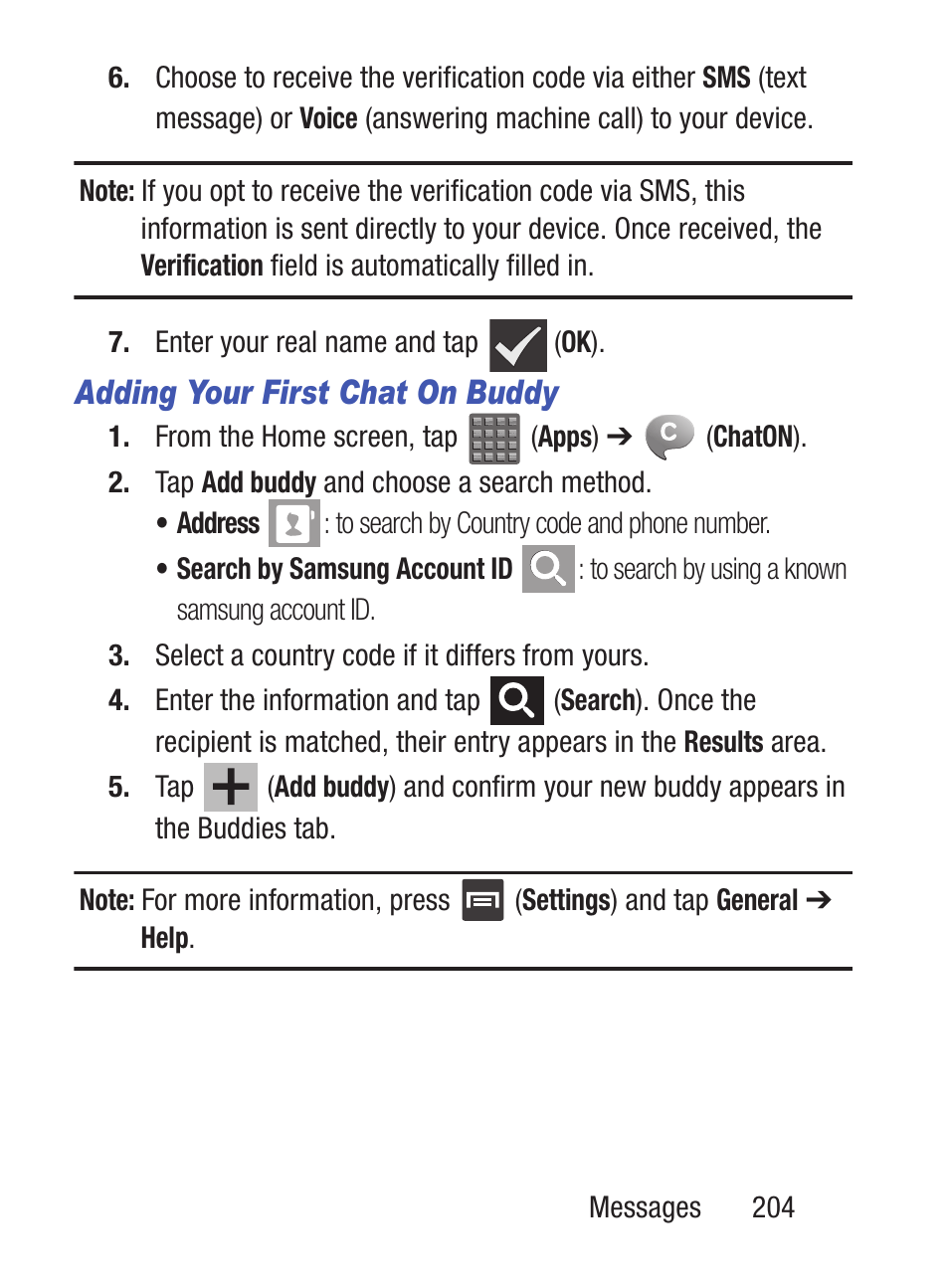 Adding your first chat on buddy | Samsung SCH-S960RWBTFN User Manual | Page 209 / 513