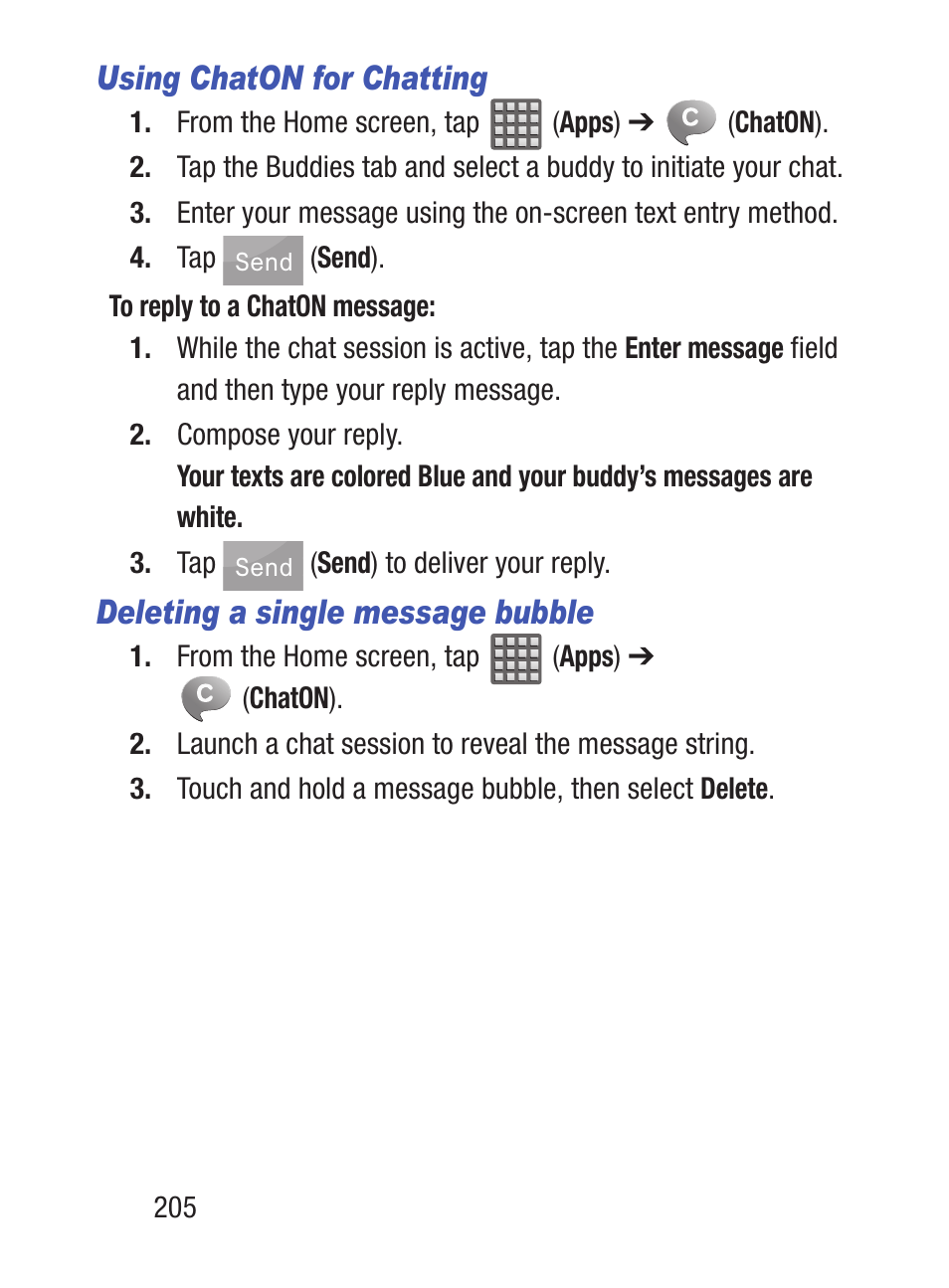 Using chaton for chatting, Deleting a single message bubble | Samsung SCH-S960RWBTFN User Manual | Page 210 / 513