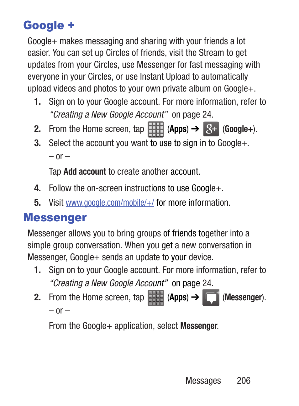 Google, Messenger | Samsung SCH-S960RWBTFN User Manual | Page 211 / 513