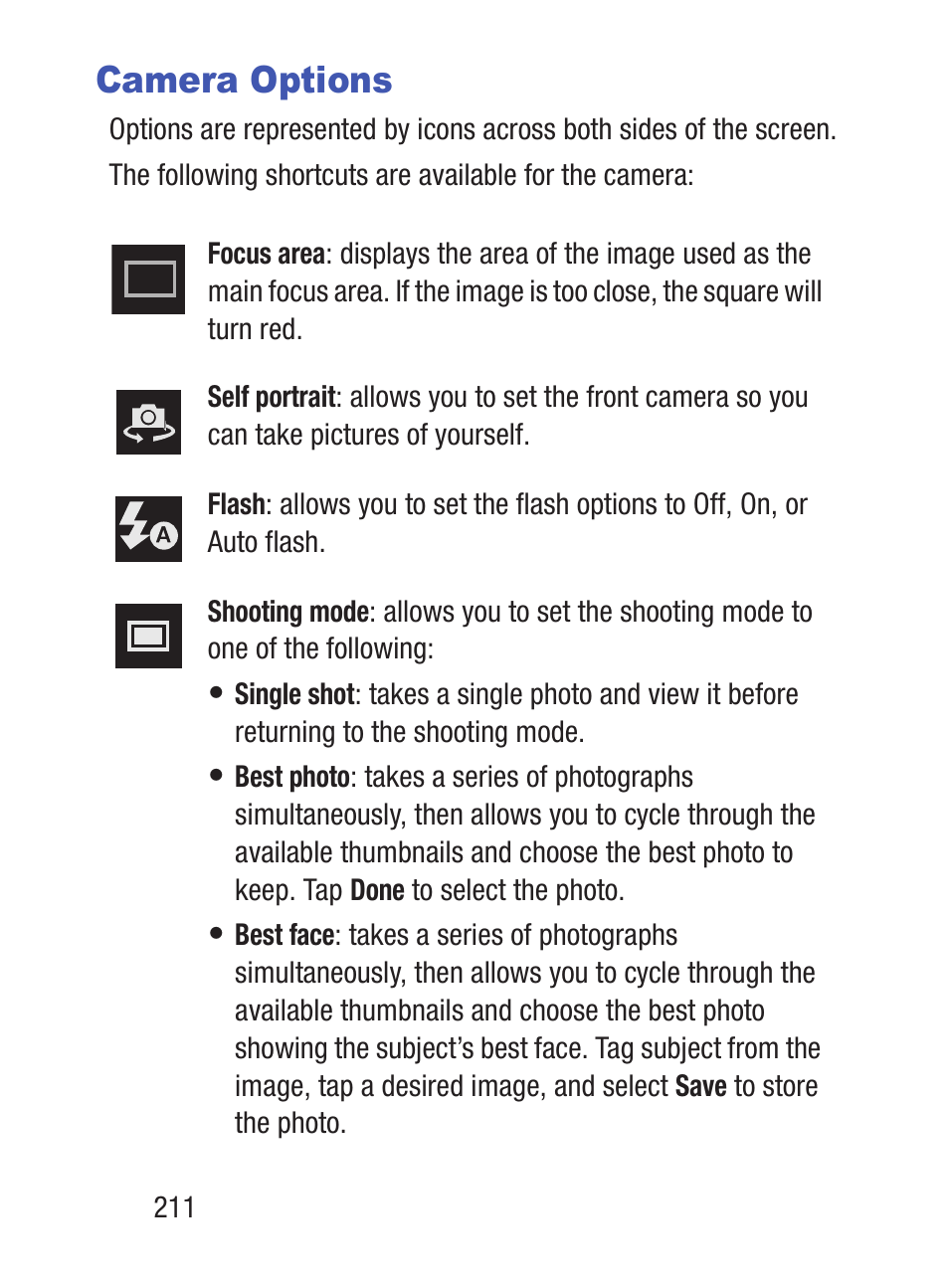 Camera options | Samsung SCH-S960RWBTFN User Manual | Page 216 / 513