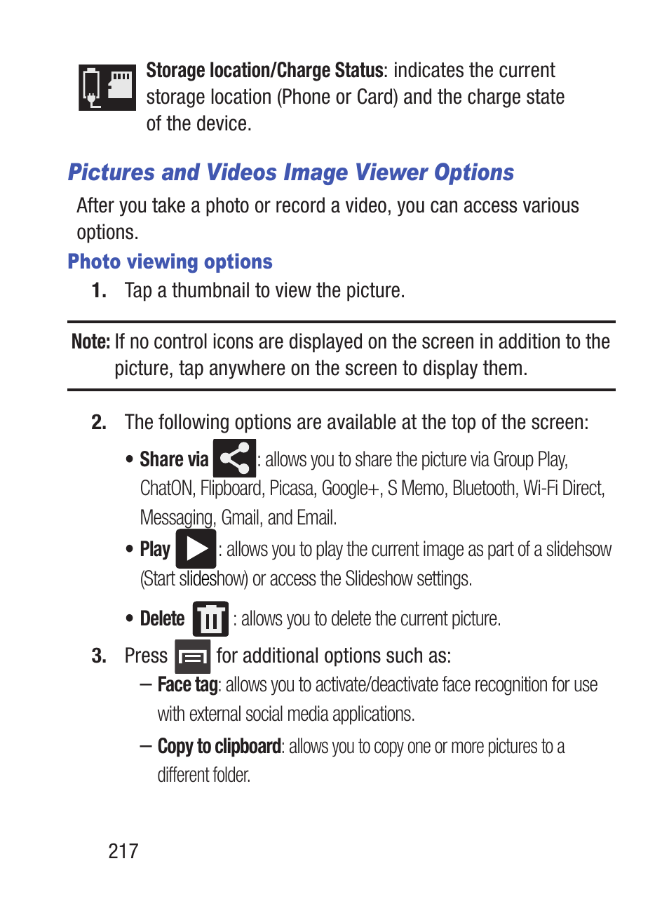 Pictures and videos image viewer options | Samsung SCH-S960RWBTFN User Manual | Page 222 / 513