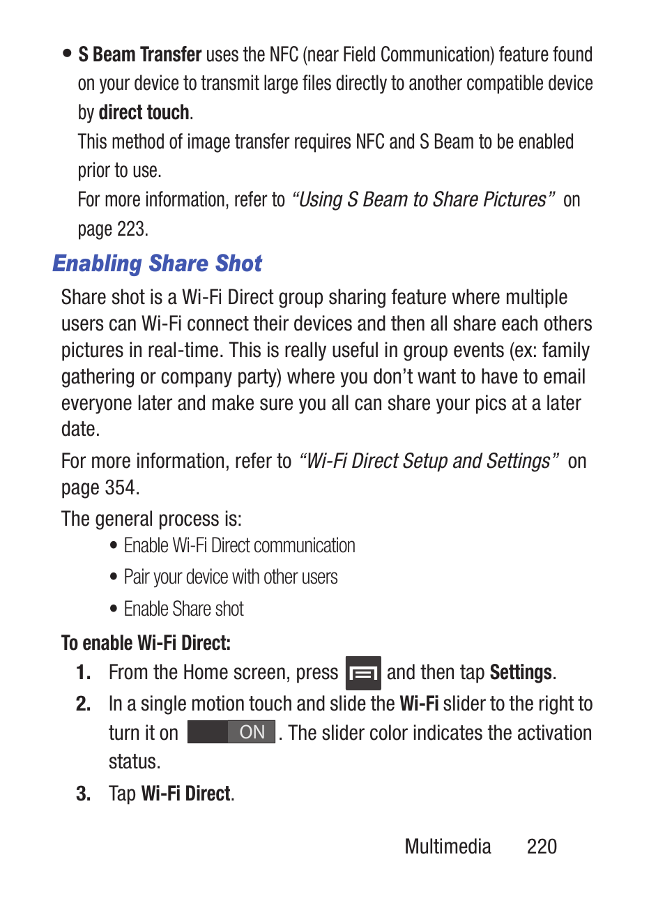 Enabling share shot | Samsung SCH-S960RWBTFN User Manual | Page 225 / 513