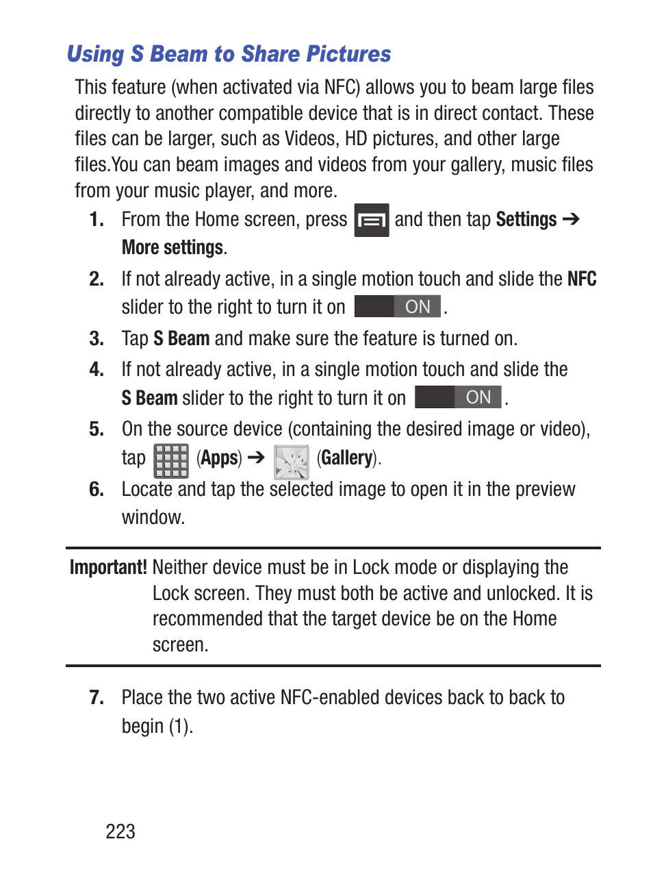 Using s beam to share pictures | Samsung SCH-S960RWBTFN User Manual | Page 228 / 513