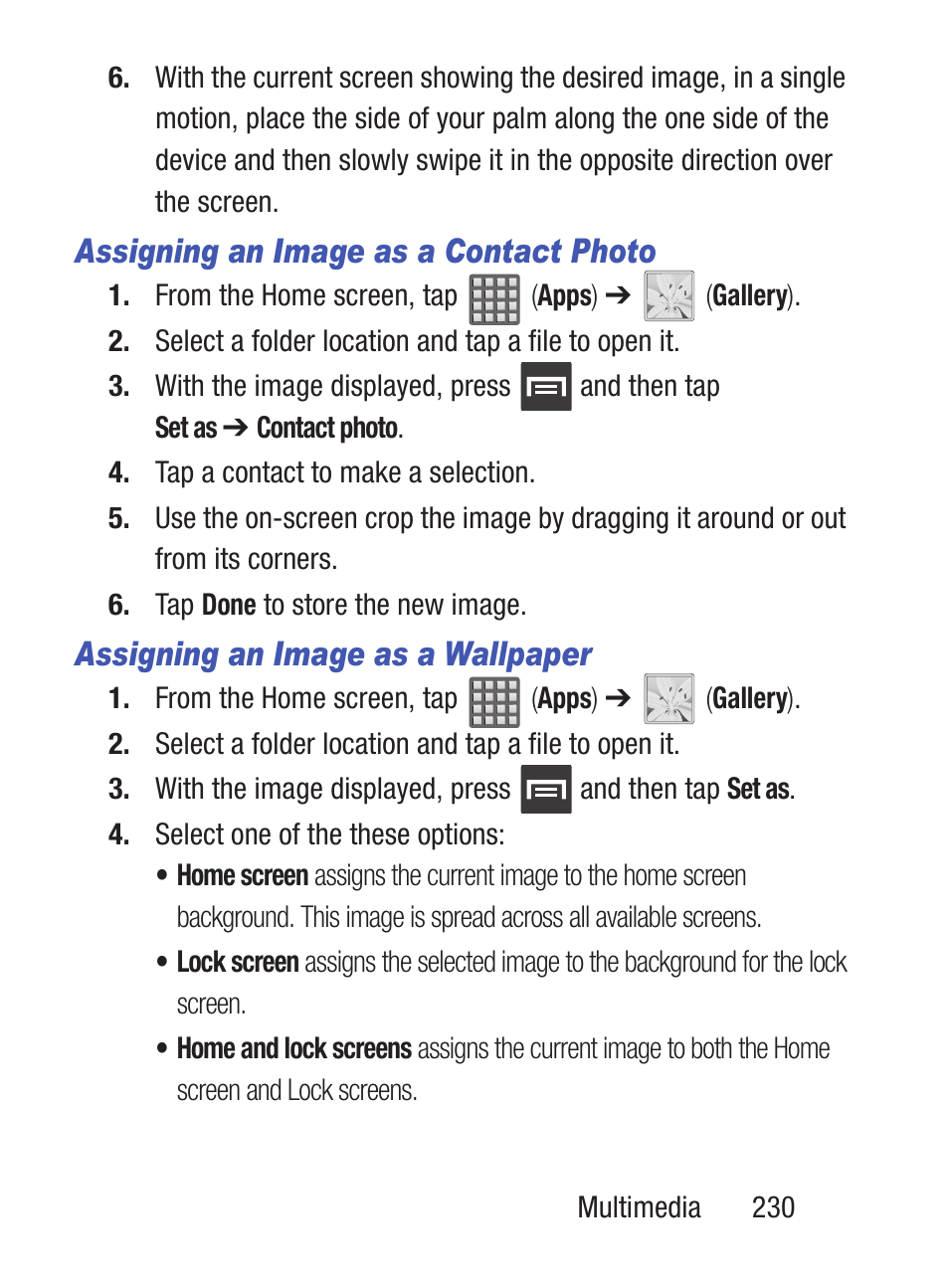 Assigning an image as a contact photo, Assigning an image as a wallpaper | Samsung SCH-S960RWBTFN User Manual | Page 235 / 513