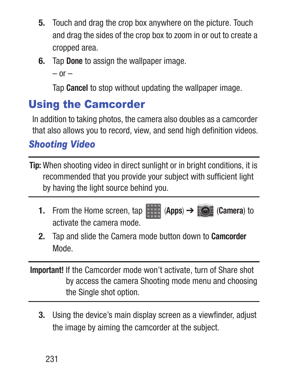 Using the camcorder, Shooting video | Samsung SCH-S960RWBTFN User Manual | Page 236 / 513